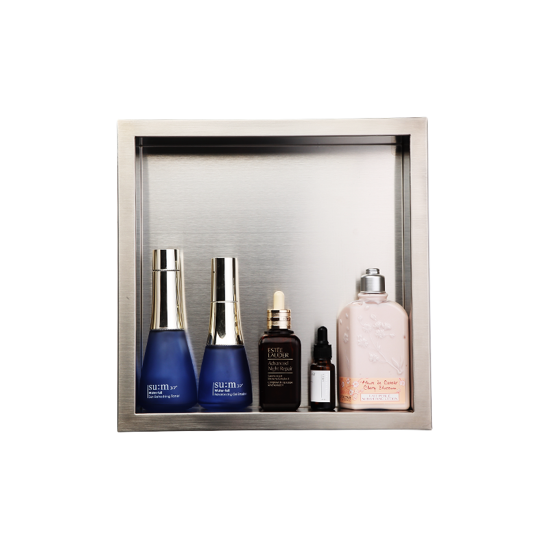 recessed wire drawing shower niche for toiletry storage